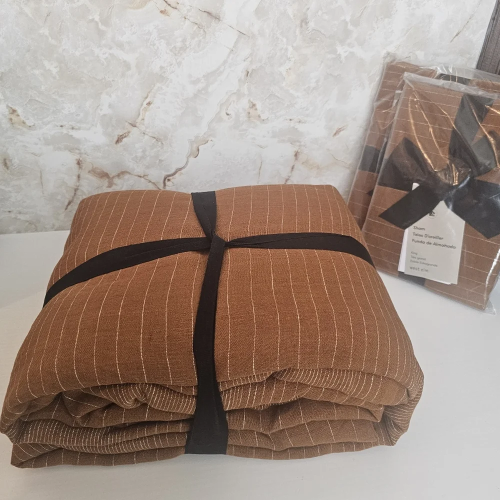 *European Flax Linen Graduated Stripe King Duvet Cover & King Shams Amber